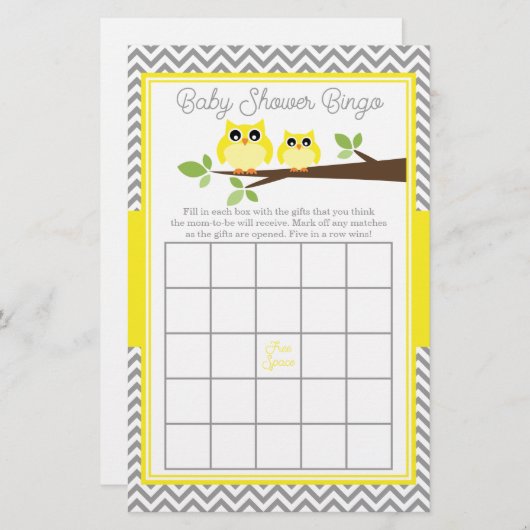 Bright Yellow Owl Grey Chevron Baby shower Bingo (Voorkant / Achterkant)