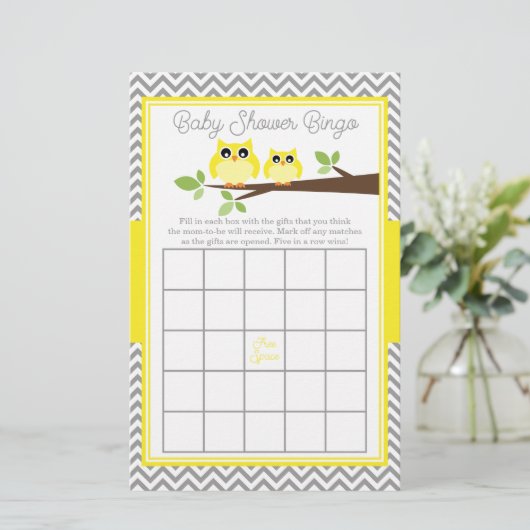 Bright Yellow Owl Grey Chevron Baby shower Bingo (Staand voorkant)