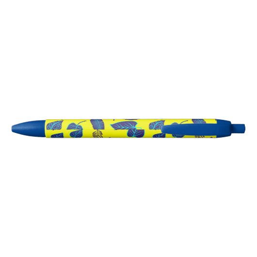 Bright Yellow Tropical Leaf Pattern Monogram Zwarte Inkt Pen (Achterkant)