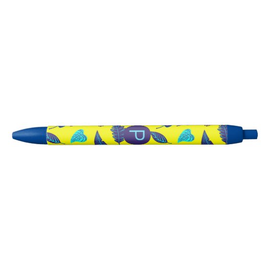 Bright Yellow Tropical Leaf Pattern Monogram Zwarte Inkt Pen (Voorkant)