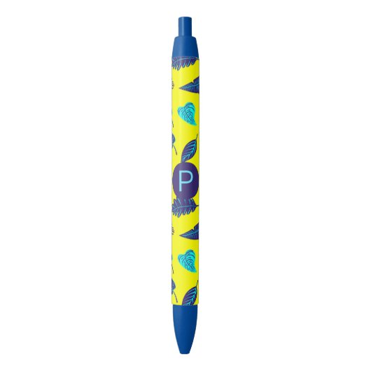 Bright Yellow Tropical Leaf Pattern Monogram Zwarte Inkt Pen (Voorkant Verticaal)