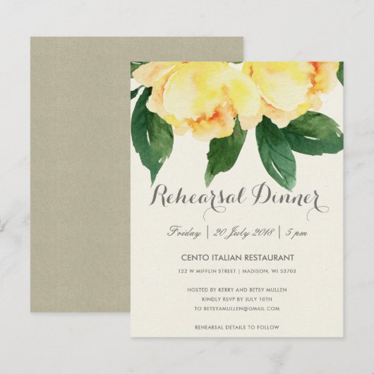 BRIGHT YELLOW WATERVERF FLORAL REHEARSAL DINNER KAART (Voorkant / Achterkant)