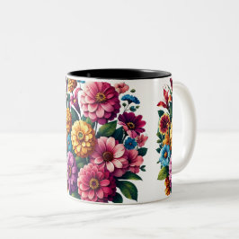 Bright Zinnias & Cosmos Flower Garden Tweekleurige Koffiemok