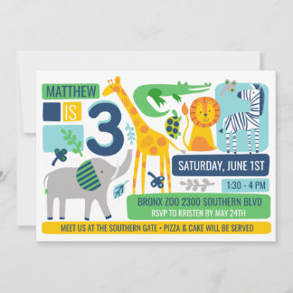 Bright Zoo Jungle Animals Birthday Invitation Kaart