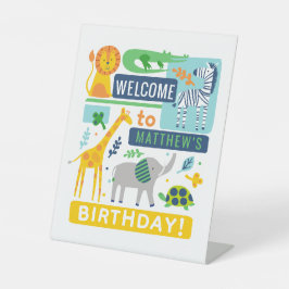 Bright Zoo Jungle Animals Birthday Pedestal Sign Reclamebord Met Voetstuk