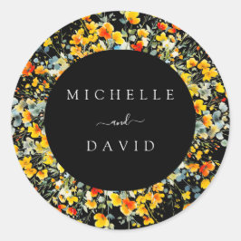 Bright Zwart Bloemen Waterverf Bruiloft Ronde Sticker