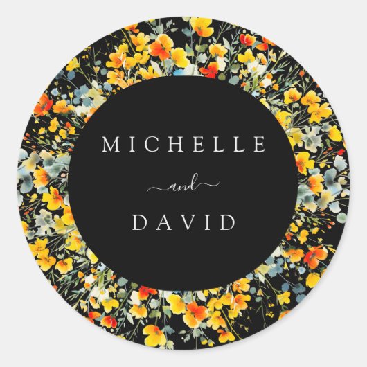 Bright Zwart Bloemen Waterverf Bruiloft Ronde Sticker (Voorkant)