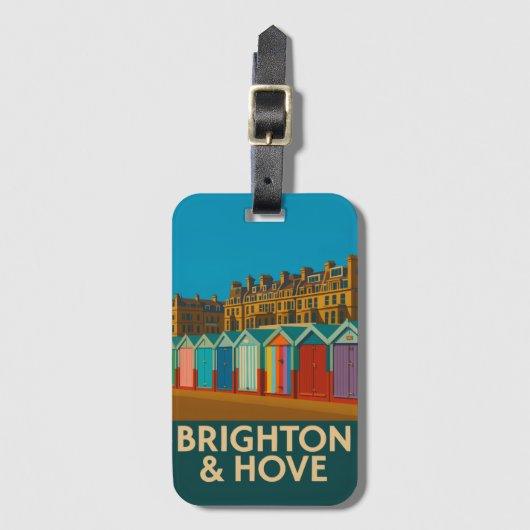 Brighton Beach Huts – Kleurrijke Zeedruk Bagagelabel (Voorkant (verticaal))