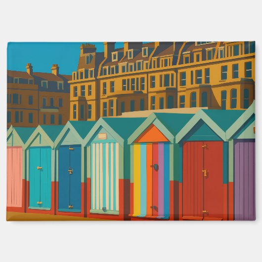 Brighton Beach Huts – Kleurrijke Zeedruk Magneet (Voorkant)