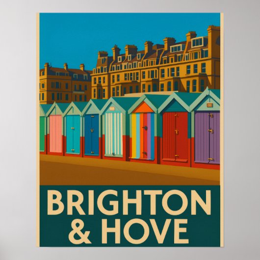 Brighton Beach Huts – Kleurrijke Zeedruk Poster (Voorkant)