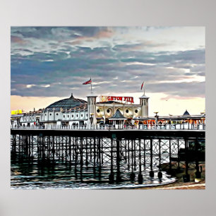 Brighton Pier & Cloudy Sky Digital Painting Poster