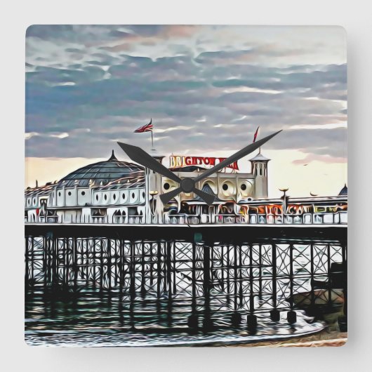 Brighton Pier & Cloudy Sky Digital Painting Vierkante Klok (Voorkant)