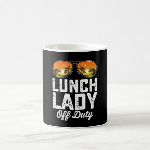 Bril van lunchdame buiten dienst laatste schooldag koffiemok