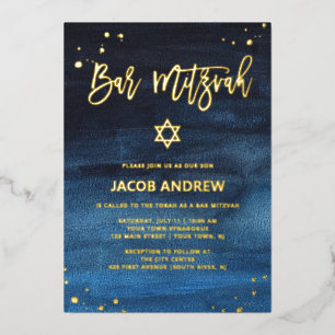 Briljant Blauwe en Gouden Bar Mitzvah Folie Uitnodiging