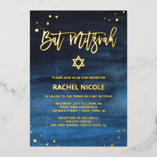 Briljant Blauwe en Gouden Bat Mitzvah Folie Uitnodiging