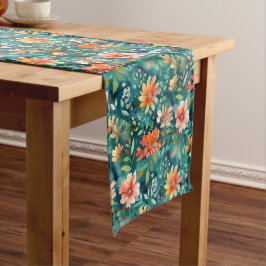 Briljant Blauwgroen en Koraal Abstract Floral Korte Tafelloper