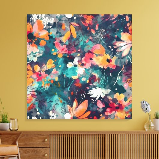 Briljant Blauwgroen en Multicolour Floral Abstract Canvas Afdruk (Insitu (Woonkamer))