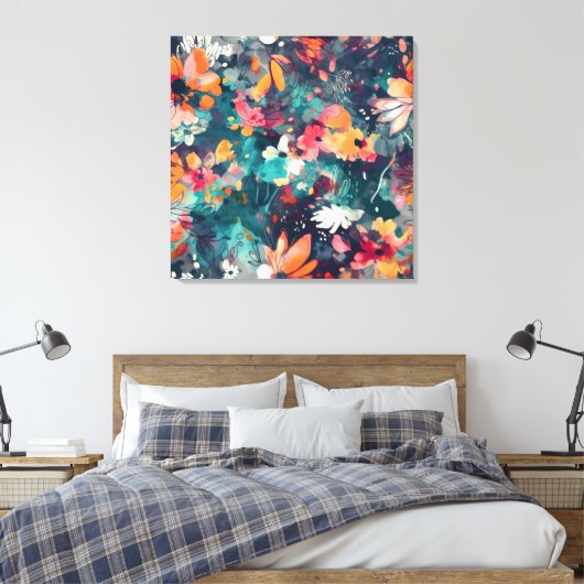 Briljant Blauwgroen en Multicolour Floral Abstract Canvas Afdruk (Insitu (Slaapkamer))