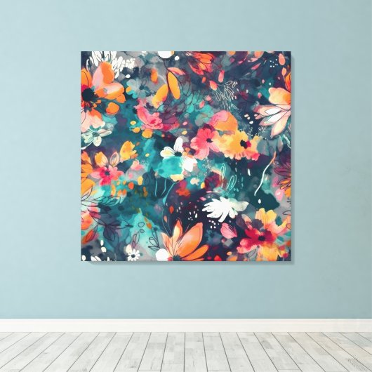 Briljant Blauwgroen en Multicolour Floral Abstract Canvas Afdruk (Insitu (Houten vloer))