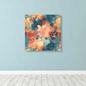 Briljant koraal en Blauwgroen Abstracte bloemen Canvas Afdruk (Insitu (Houten vloer))