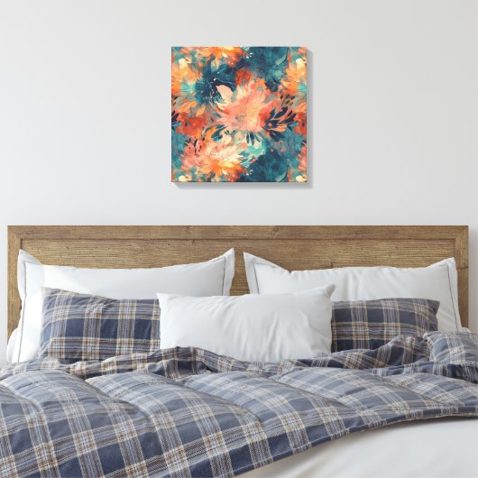 Briljant koraal en Blauwgroen Abstracte bloemen Canvas Afdruk (Insitu (Slaapkamer))