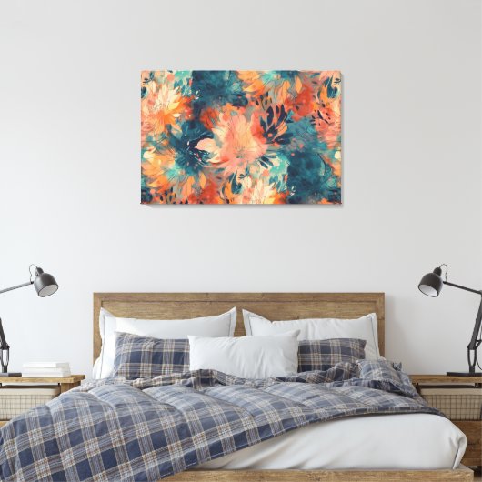 Briljant koraal en Blauwgroen Abstracte bloemen Canvas Afdruk (Insitu (Slaapkamer))