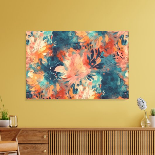 Briljant koraal en Blauwgroen Abstracte bloemen Canvas Afdruk (Insitu (Woonkamer))