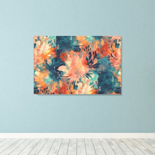 Briljant koraal en Blauwgroen Abstracte bloemen Canvas Afdruk (Insitu (Houten vloer))