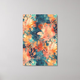 Briljant koraal en Blauwgroen Abstracte bloemen Canvas Afdruk