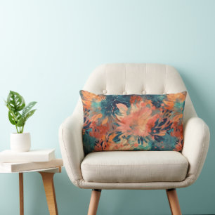 Briljant koraal en Blauwgroen Abstracte bloemen Kussen