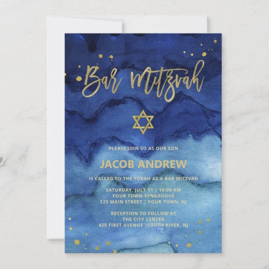 Briljantblauw en Faux Gold Bar Mitzvah Kaart (Voorkant)