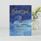 Briljantblauw en Faux Gold Bar Mitzvah Kaart (Staand voorkant)