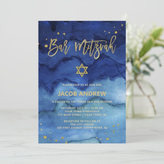 Briljantblauw en Faux Gold Bar Mitzvah Kaart (Staand voorkant)