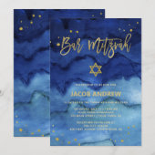 Briljantblauw en Faux Gold Bar Mitzvah Kaart (Voorkant / Achterkant)