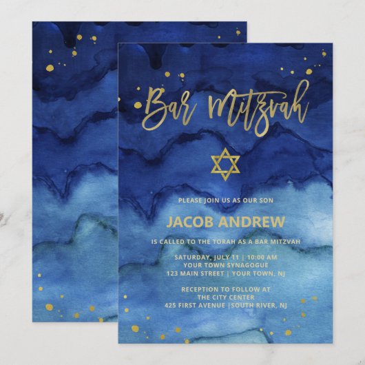 Briljantblauw en Faux Gold Bar Mitzvah Kaart (Voorkant / Achterkant)
