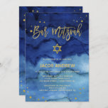 Briljantblauw en Faux Gold Bar Mitzvah Kaart<br><div class="desc">Deze kleurrijke,  moderne Bar Mitzvah uitnodigingen hebben een trendy gewaagde blauwe waterverf achtergrond met faux goudhandgeschreven script,  Star of David en accenten.</div>