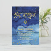 Briljantblauw en Faux Gold Bat Mitzvah Kaart (Staand voorkant)