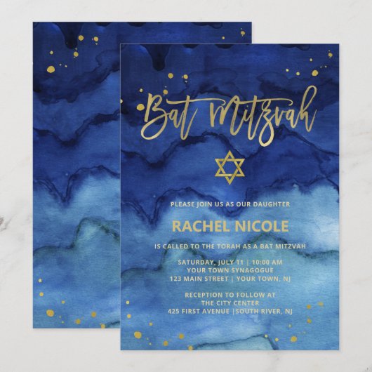 Briljantblauw en Faux Gold Bat Mitzvah Kaart (Voorkant / Achterkant)
