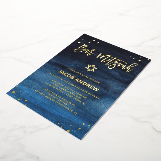 Briljantblauw en goudboog Mitzvah Folie Uitnodiging (Gedraaid)