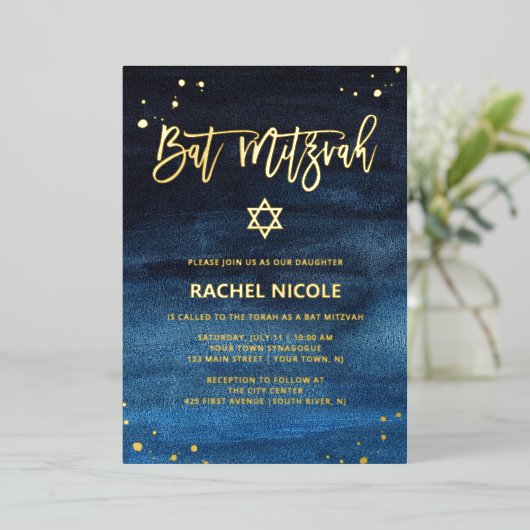 Briljantblauw en goudvlek Mitzvah Folie Uitnodiging (Staand Voorkant)