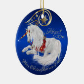 Briljantblauw kerstunicorn Gold Accent Joy Keramisch Ornament (Rechts)