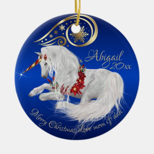 Briljantblauw kerstunicorn Gold Accent Joy Keramisch Ornament (Voorkant)