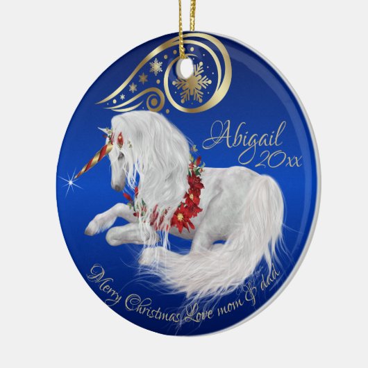 Briljantblauw kerstunicorn Gold Accent Joy Keramisch Ornament (Links)