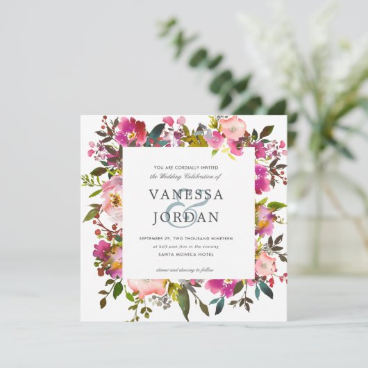 briljante bloei | Bloemen Botanische Roze Bruiloft Kaart (Staand voorkant)