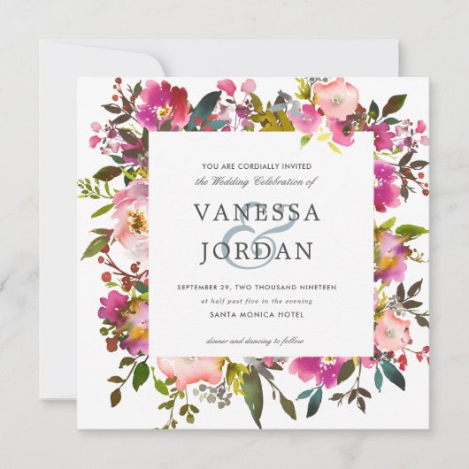 briljante bloei | Bloemen Botanische Roze Bruiloft Kaart (Voorkant)