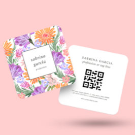 Briljante bloemen | Violet Blue oranje QR-code Vierkante Visitekaartje