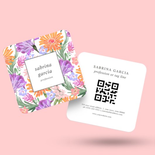 Briljante bloemen | Violet Blue oranje QR-code Vierkante Visitekaartje