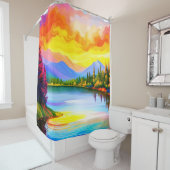 Briljante gekleurde tekening van zonsondergang ove douchegordijn (In situ)