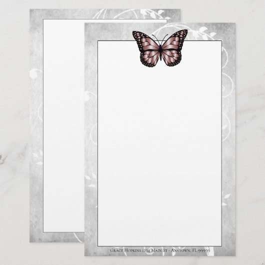 Briljantroze vlinderstationerie briefpapier (Voorkant / Achterkant)