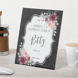 Brillantina Negra y Rosas Signo de pedestal Reclamebord Met Voetstuk